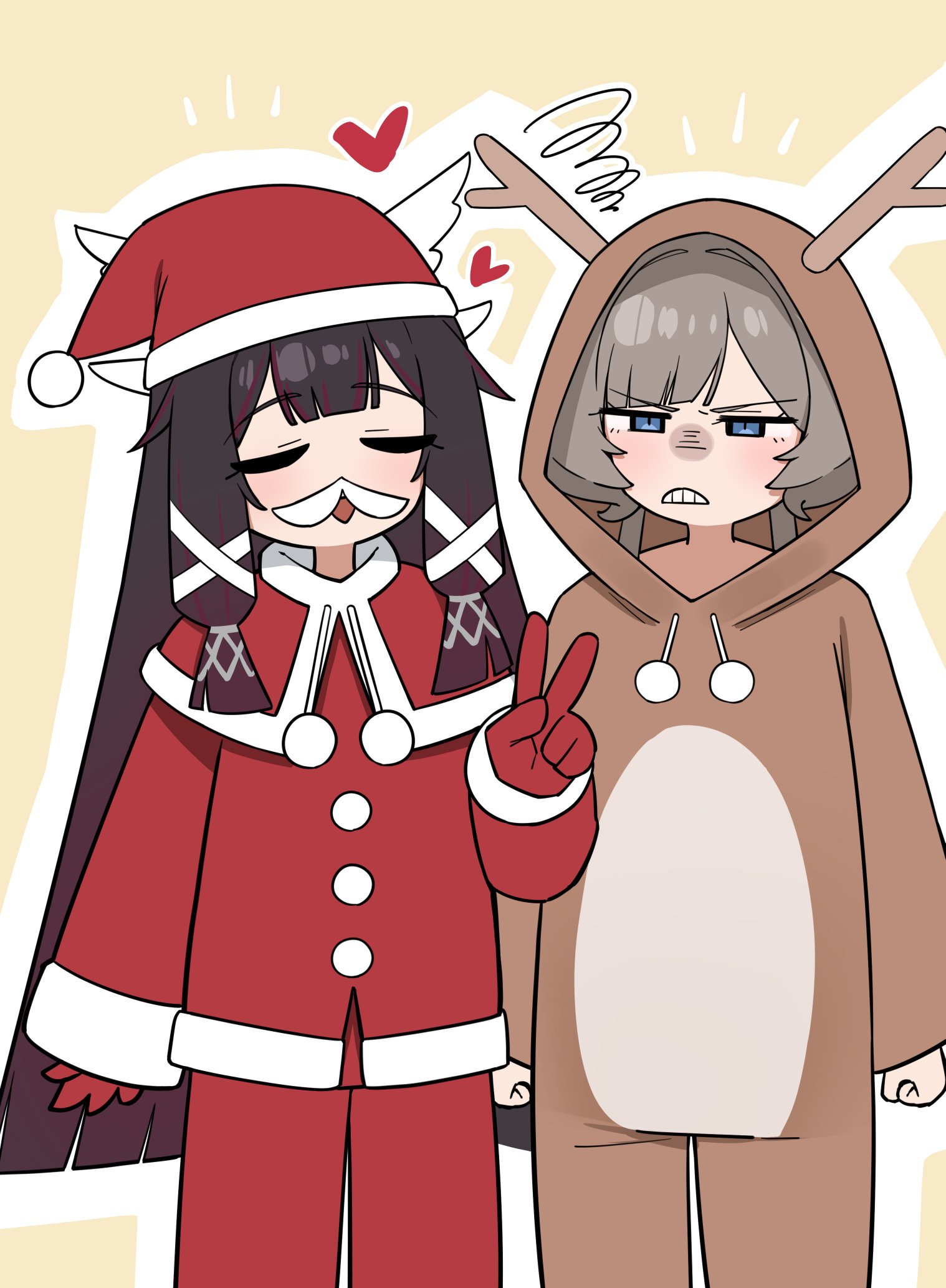 flasso, columbina (genshin impact), sandrone (genshin impact), genshin impact, commentary, highres, symbol-only commentary, 2girls, alternate costume, angry, animal costume, animal hood, antlers, black hair, blue eyes, blunt bangs, brown background, brown hair, christmas, clenched hands, closed eyes, drawstring, fake antlers, fake facial hair, fake mustache, fur-trimmed headwear, fur trim, gradient hair, hair ornament, hat, head wings, heart, hood, horns, long hair, multicolored hair, multiple girls, pom pom (clothes), purple hair, reindeer antlers, reindeer costume, reindeer hood, santa costume, santa hat, two-tone hair, v, wings, x hair ornament