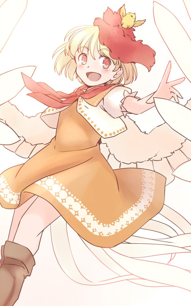 rangycrow, niwatari kutaka, touhou, commentary request, 1girl, :d, animal, animal on head, baby animal, bird, bird on head, bird tail, blonde hair, blush, boots, brown boots, chick, collared dress, dress, feathered wings, feet out of frame, hand up, knees, multicolored hair, neckerchief, on head, one-hour drawing challenge, open mouth, orange dress, puffy short sleeves, puffy sleeves, red eyes, red hair, red neckerchief, short sleeves, smile, solo, tail, two-tone hair, vest, white background, white vest, wings, yellow wings