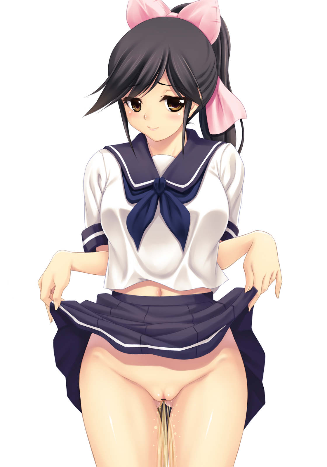 fujirin, takane manaka, love plus, highres, 1girl, black hair, bow, brown eyes, censored, cleft of venus, clothes lift, cowboy shot, female focus, navel, no panties, pee, peeing, ponytail, pussy, school uniform, serafuku, skirt, skirt lift, solo