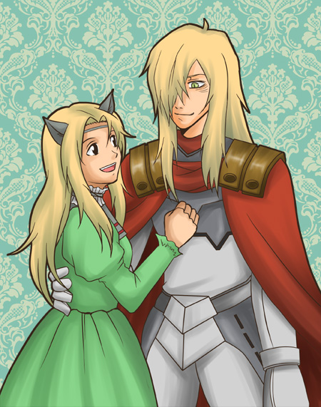 tsuuma, viral (ttgl), tengen toppa gurren lagann, tengen toppa gurren lagann: parallel works, 00s, 1boy, 1girl, animal ears, armor, blonde hair, cape, couple, dress, green dress, hetero, long hair, smile, yellow eyes