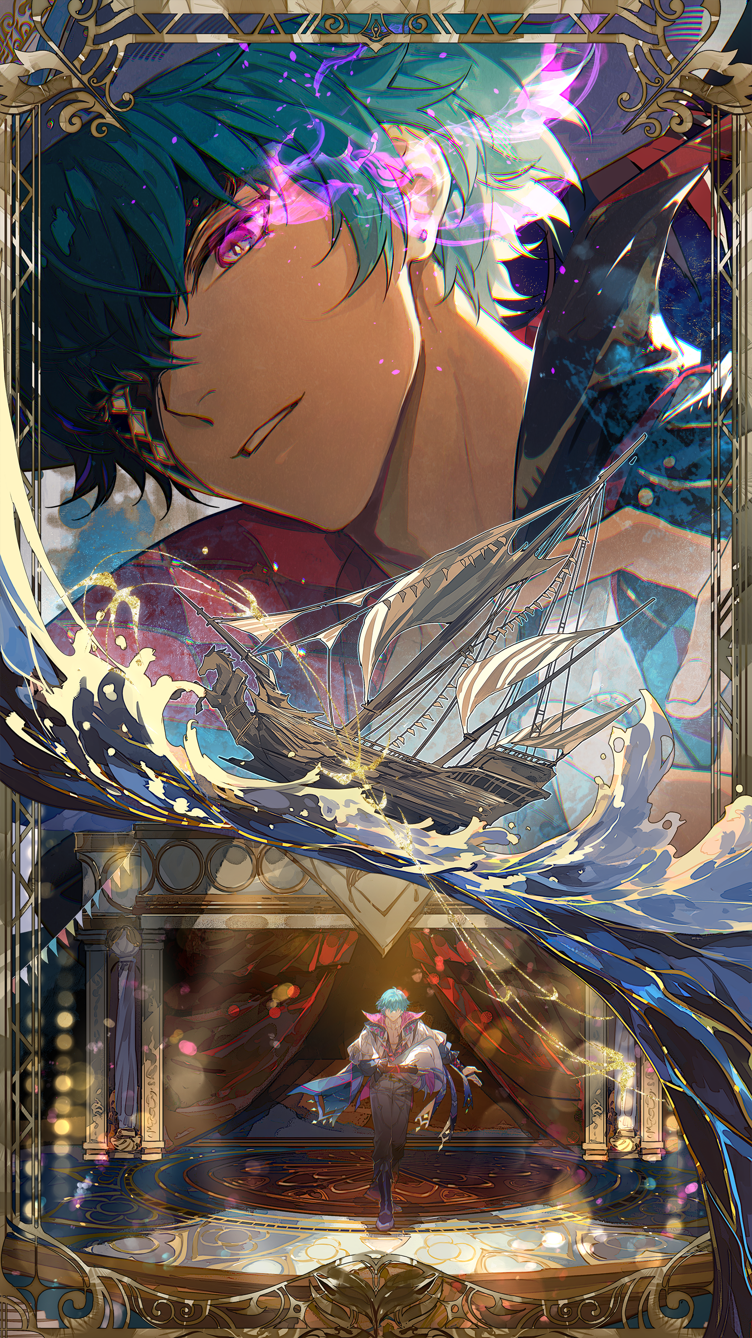 xiandao1213, brant (wuthering waves), wuthering waves, absurdres, commentary request, highres, official art, 1boy, blue hair, copyright notice, flaming eye, half mask, hat, hat feather, holding, holding unworn clothes, holding unworn hat, logo, looking at viewer, male focus, mask, multiple views, outstretched arm, pants, parted lips, short hair, stage, tricorne, unworn hat, unworn headwear, white hat, white pants