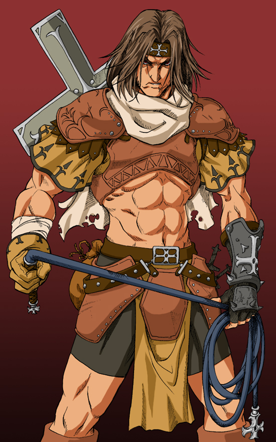 bouzu oyaji, ikumo taisuke, simon belmont, castlevania (1986), castlevania (series), konami, 1boy, abs, angry, belt, brown hair, cross, fingerless gloves, gloves, headband, loincloth, male focus, manly, muscular, navel, shoulder pads, simple background, solo, whip