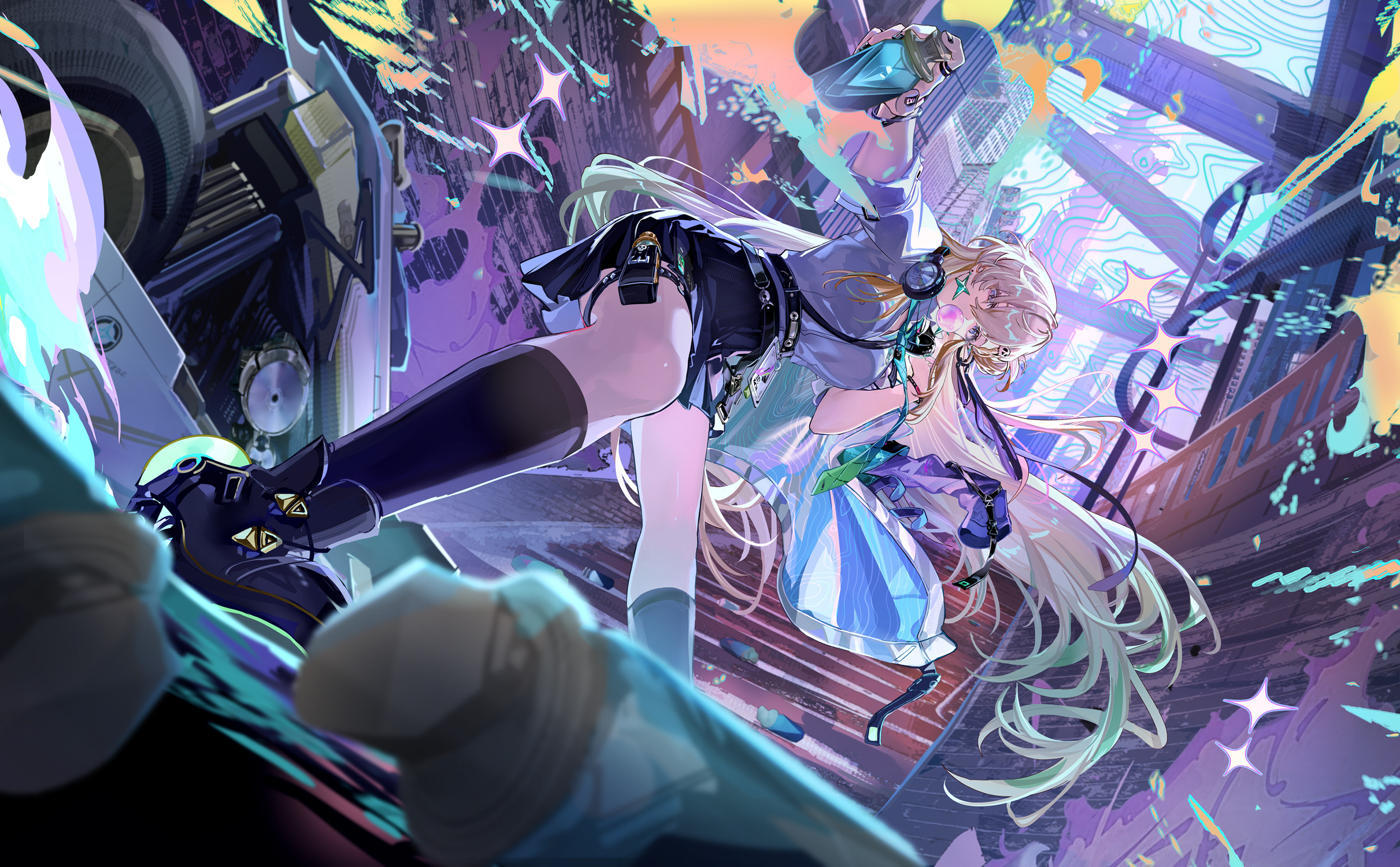 hitokoto, lynae (wuthering waves), wuthering waves, commentary request, highres, 1girl, ankle boots, black boots, black skirt, black socks, blowing bubble gum, boots, bracelet, chewing gum, earrings, gradient necktie, gyaru, headphones, headphones around neck, id card, jewelry, kneehighs, long hair, looking at viewer, necktie, ring, shirt, shirt tucked in, skirt, socks, solo, thigh strap, very long hair, white shirt