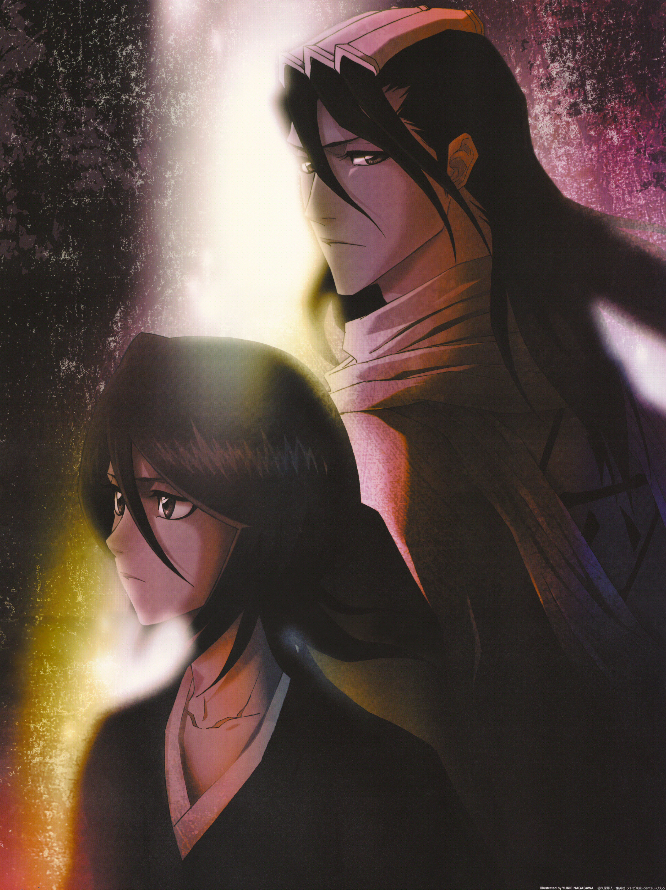 kuchiki byakuya, kuchiki rukia, bleach, absurdres, highres, 00s, 1boy, 1girl, haori, japanese clothes, long hair, scarf, short hair, taichou haori