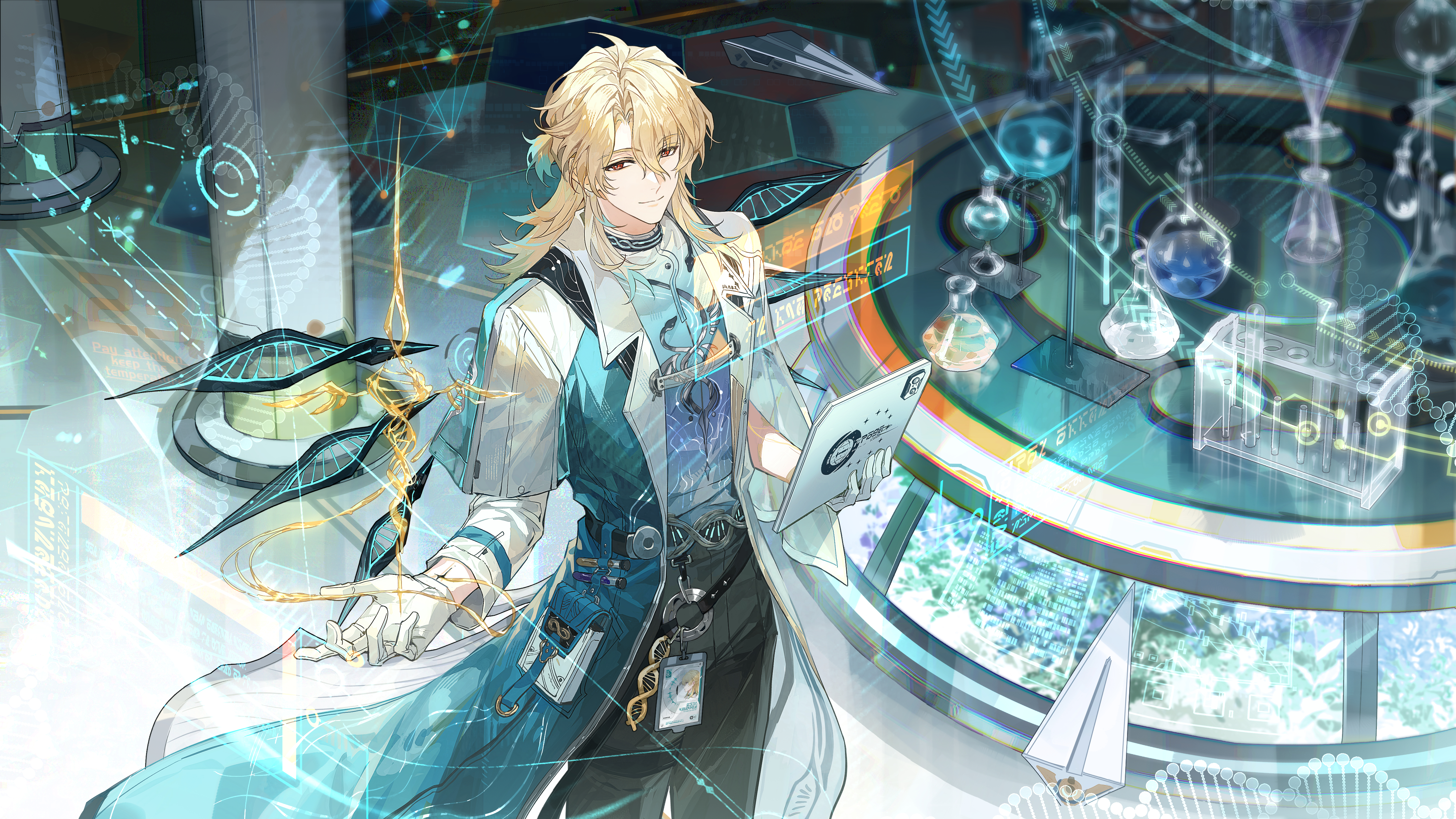 xiandao1213, luuk herssen (wuthering waves), wuthering waves, absurdres, chinese commentary, commentary request, highres, 1boy, aqua shirt, black pants, blonde hair, closed mouth, coat, gloves, gradient clothes, gradient shirt, hair between eyes, holding, holding tablet pc, hologram, holographic interface, id card, indoors, male focus, pants, red eyes, shirt, sideways glance, smile, solo, tablet pc, tacet mark (wuthering waves), white coat, white gloves