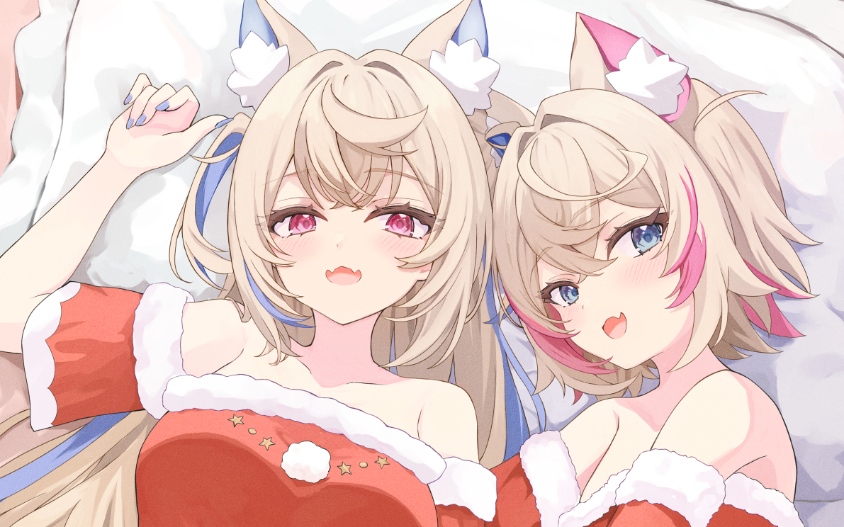 paru (parunprunpa), fuwawa abyssgard, mococo abyssgard, hololive, hololive english, 2girls, alternate costume, animal ear fluff, blonde hair, blue eyes, blue nails, blue streaks, breasts, dress, fang, fur-trimmed dress, fur trim, large breasts, long hair, looking at viewer, medium hair, multiple girls, nail polish, pink eyes, pink streaks, red dress, santa costume, santa dress, siblings, sisters, skin fang, small breasts, twins, two side up, very long hair, virtual youtuber