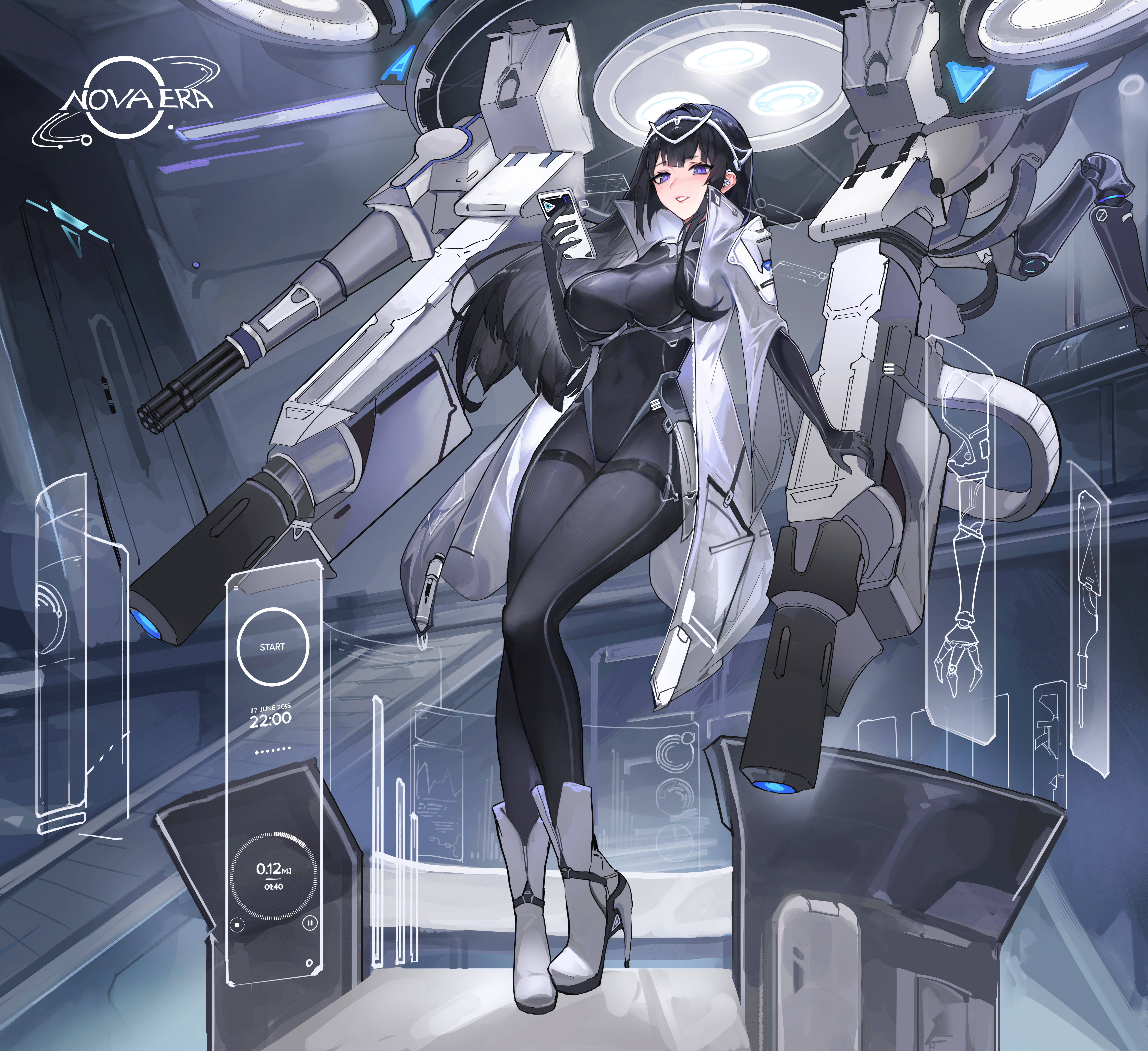 youlan, original, absurdres, commentary request, highres, 1girl, 2055, black bodysuit, black hair, bodysuit, boots, breasts, cellphone, coat, gatling gun, high heel boots, high heels, highleg, highleg leotard, holding, holding phone, holographic interface, large breasts, leotard, long hair, machinery, minigun, open clothes, open coat, phone, purple eyes, science fiction, smartphone, solo, white boots, white coat