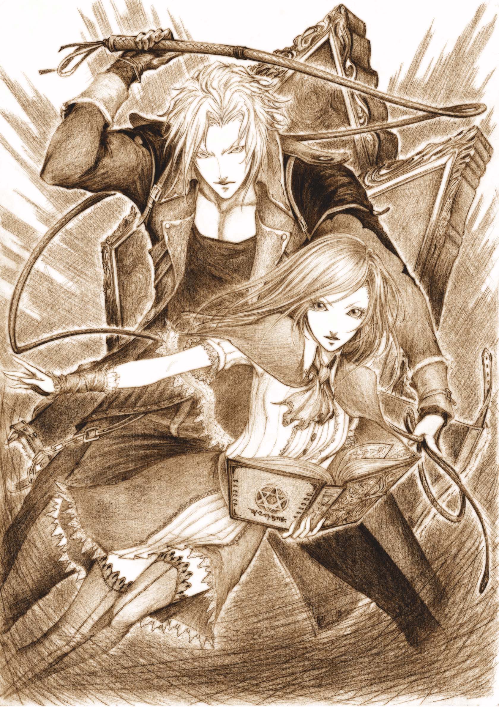 daburoku, charlotte aulin, jonathan morris, castlevania: portrait of ruin, castlevania (series), konami, framed, highres, 1boy, 1girl, book, brown theme, gloves, monochrome, picture frame, sepia, skirt, thighhighs, whip