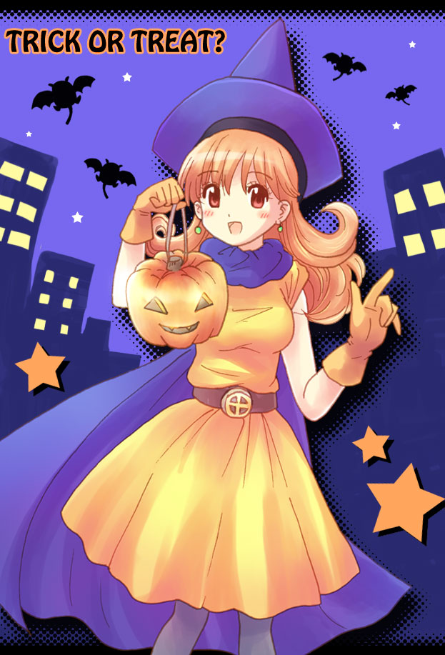 ninica, alena (dq4), chunsoft, dragon quest, dragon quest iv, enix, bad id, bad pixiv id, 1girl, cape, dress, female focus, gloves, halloween, hat, jack-o'-lantern, long hair, pantyhose, pumpkin, red eyes, red hair, skirt, solo, star (symbol), trick or treat, yellow dress