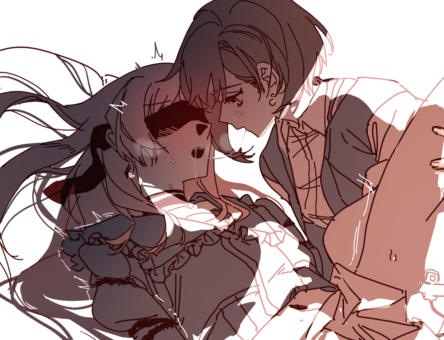 chihaya anon, takamatsu tomori, bang dream!, bang dream! it's mygo!!!!!, commentary request, 2girls, after kiss, blue jacket, blush, brown eyes, grey hair, jacket, lolitesapphire, long hair, multiple girls, open mouth, pink hair, pointy ears, remote control vibrator, saliva, saliva trail, sex toy, shirt, short hair, simple background, vibrator, white background, white shirt, yuri