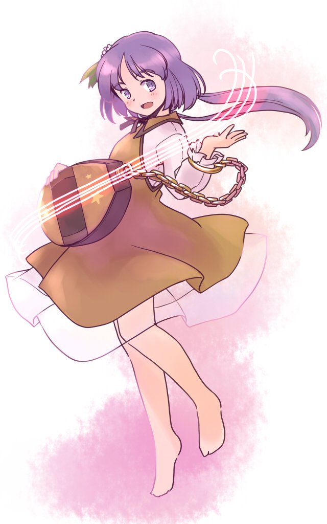 rangycrow, tsukumo benben, touhou, commentary request, 1girl, :d, barefoot, biwa lute, blush, bracelet, brown dress, chain, collared dress, dress, flower, from side, full body, gold bracelet, hair flower, hair ornament, hand up, instrument, jewelry, knees, long hair, long sleeves, looking back, lute (instrument), one-hour drawing challenge, open mouth, orange background, purple eyes, purple hair, see-through clothes, see-through skirt, shirt, sideways glance, skirt, smile, solo, twintails, white shirt