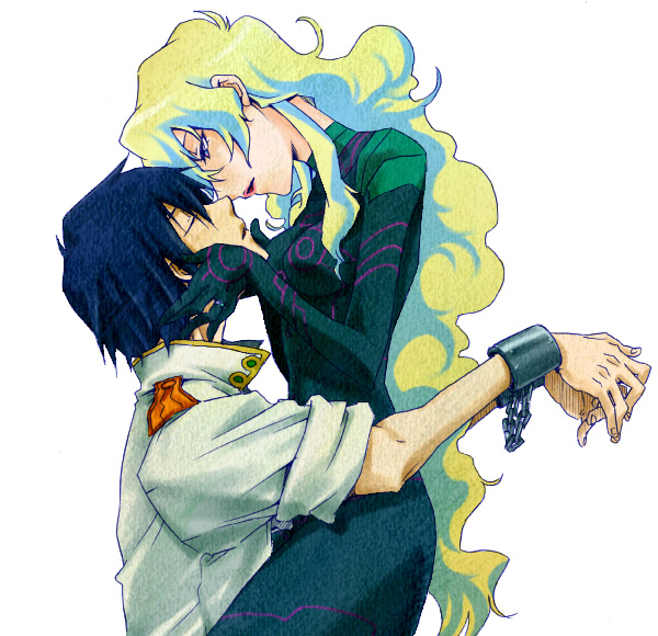 nonosaki, nonoya masaki, antispiral nia, nia teppelin, simon (ttgl), tengen toppa gurren lagann, 00s, 1boy, 1girl, blonde hair, blue hair, bodysuit, closed eyes, couple, cuffs, handcuffs, hetero, hug, imminent kiss, jewelry, kiss, lipstick, long hair, makeup, multicolored hair, ring, short hair, two-tone hair, very long hair