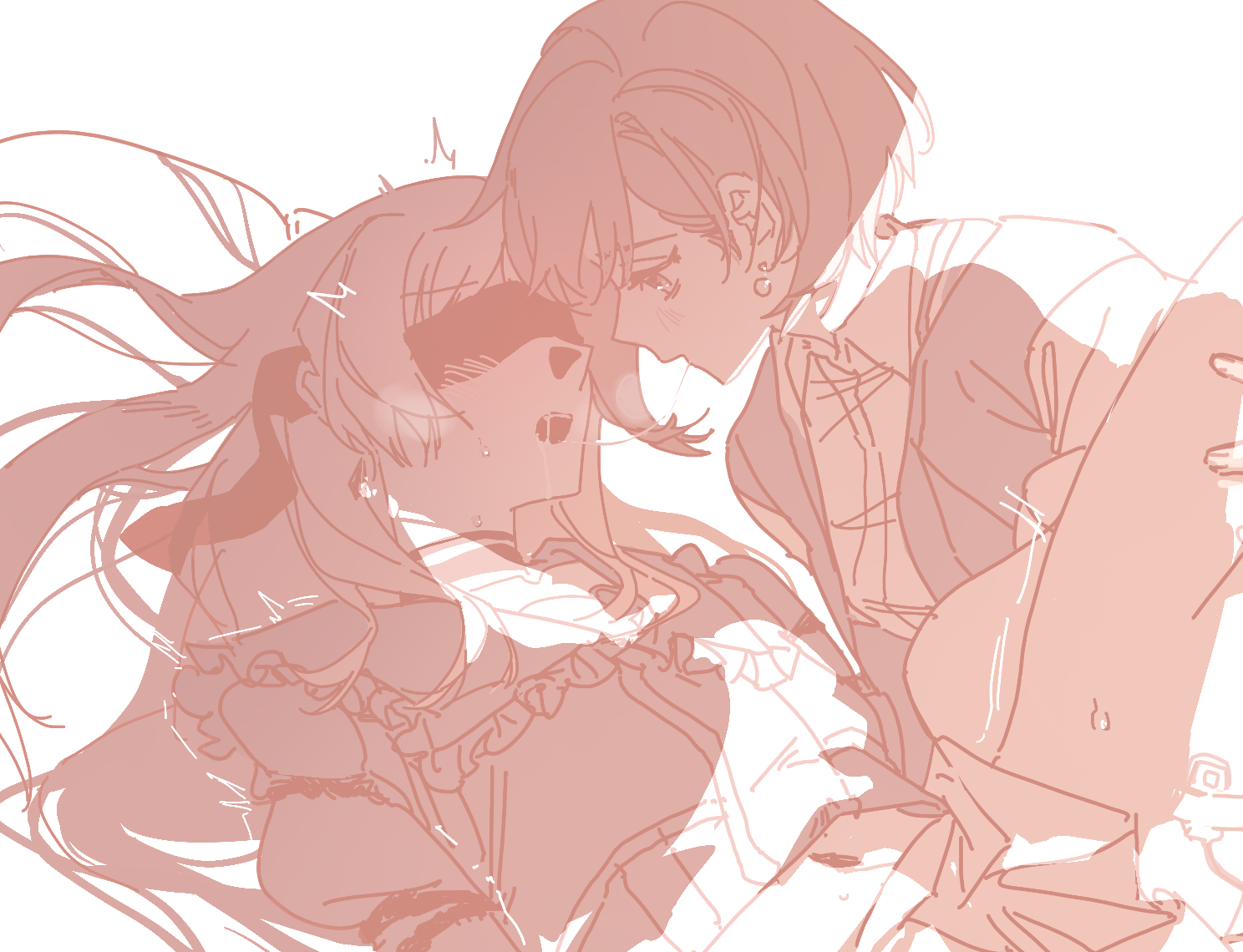 chihaya anon, takamatsu tomori, bang dream!, bang dream! it's mygo!!!!!, commentary request, 2girls, after kiss, blush, jacket, lolitesapphire, long hair, monochrome, multiple girls, open mouth, pointy ears, remote control vibrator, saliva, saliva trail, sex toy, shirt, short hair, simple background, vibrator, white background, white shirt, yuri