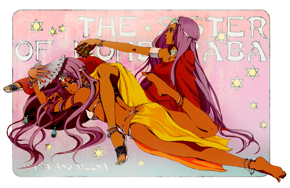 ebyo, manya (dq4), minea (dq4), chunsoft, dragon quest, dragon quest iv, enix, bad id, bad pixiv id, 2girls, anklet, barefoot, bikini, bikini top only, card, circlet, dark-skinned female, dark skin, dress, feet, green nails, hand fan, hexagram, holding, holding card, jewelry, loincloth, long hair, multiple girls, nail polish, necklace, pelvic curtain, pink nails, purple eyes, purple hair, sandals, siblings, sisters, star (symbol), swimsuit, toenail polish, toenails, yellow dress