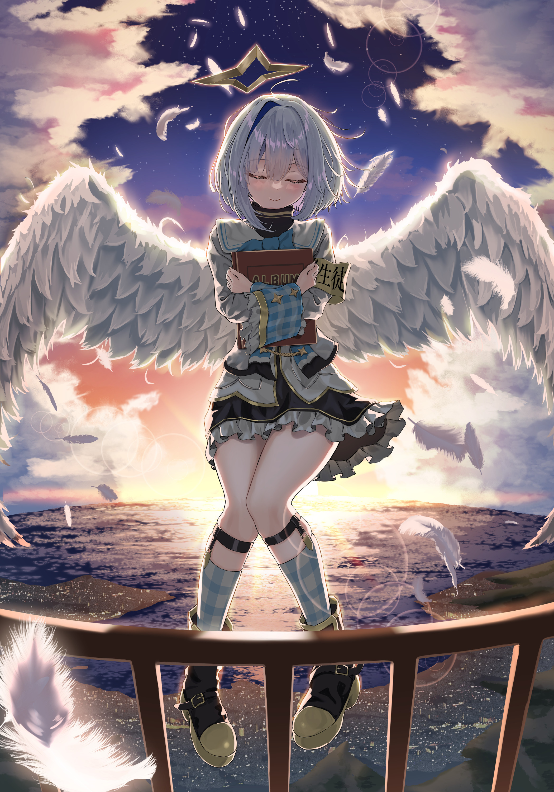 yuno usagi, amane kanata, amane kanata (1st costume), hololive, absurdres, commentary request, highres, 1girl, angel, angel wings, armband, black dress, black shoes, blue hair, book, closed eyes, closed mouth, cloud, cropped jacket, dress, grey hair, hair intakes, halo, holding, holding book, jacket, medium hair, shoes, solo, star halo, twilight, virtual graduation commemoration, virtual youtuber, water, white jacket, wings, yellow armband