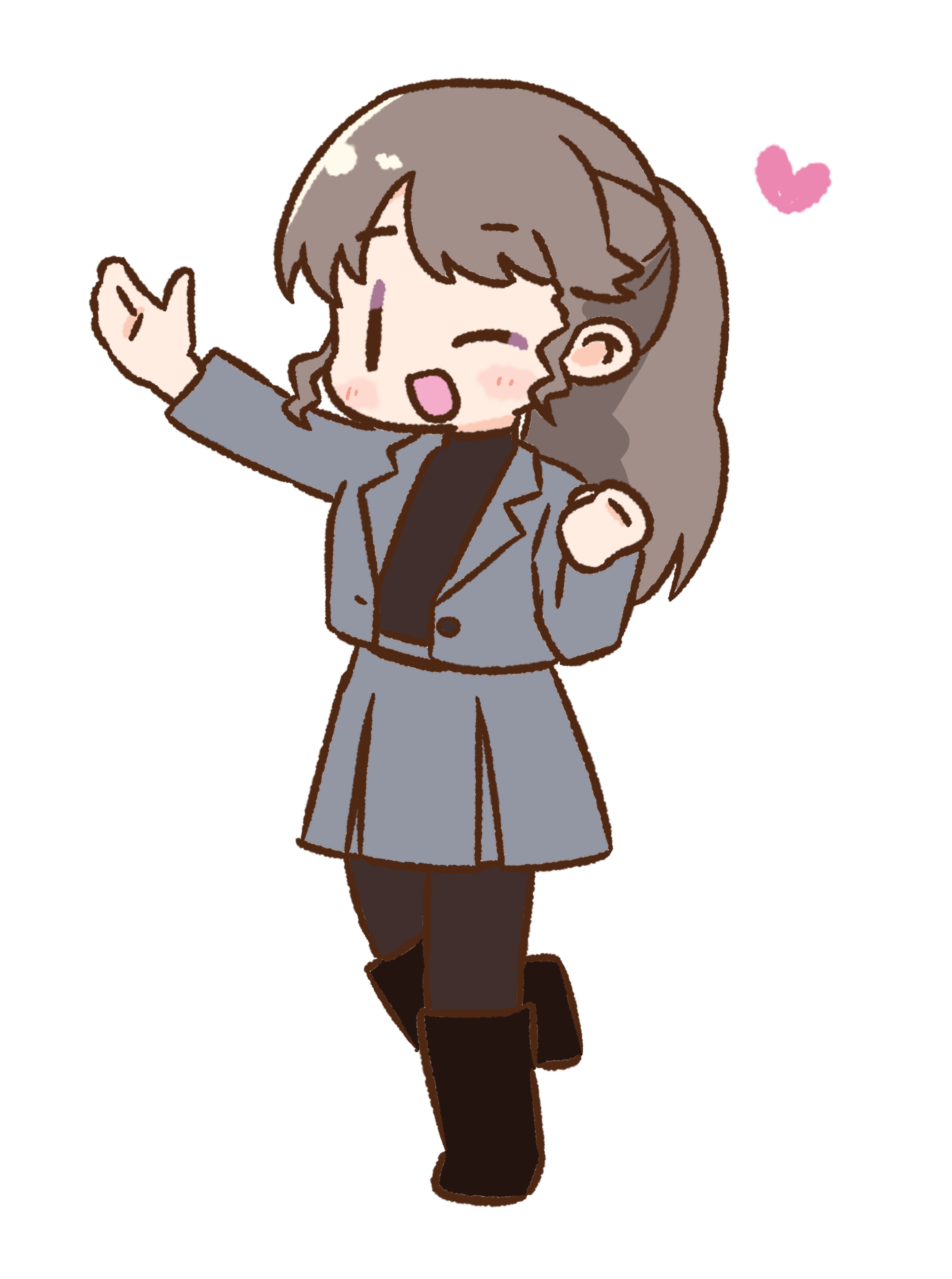 kanzaki gou, fujishima megumi, fujishima megumi (post-graduation), link! like! love live!, love live!, absurdres, highres, 1girl, ;d, black boots, black pantyhose, black sweater, blush, boots, brown hair, deformed, formal clothes, full body, grey jacket, grey skirt, heart, hellomegu!, jacket, knee boots, leg up, long hair, miniskirt, one eye closed, open clothes, open jacket, open mouth, pantyhose, pleated skirt, ponytail, purple eyes, simple background, skirt, skirt suit, smile, solo, suit, suit jacket, sweater, turtleneck, turtleneck sweater, virtual youtuber, white background, | |