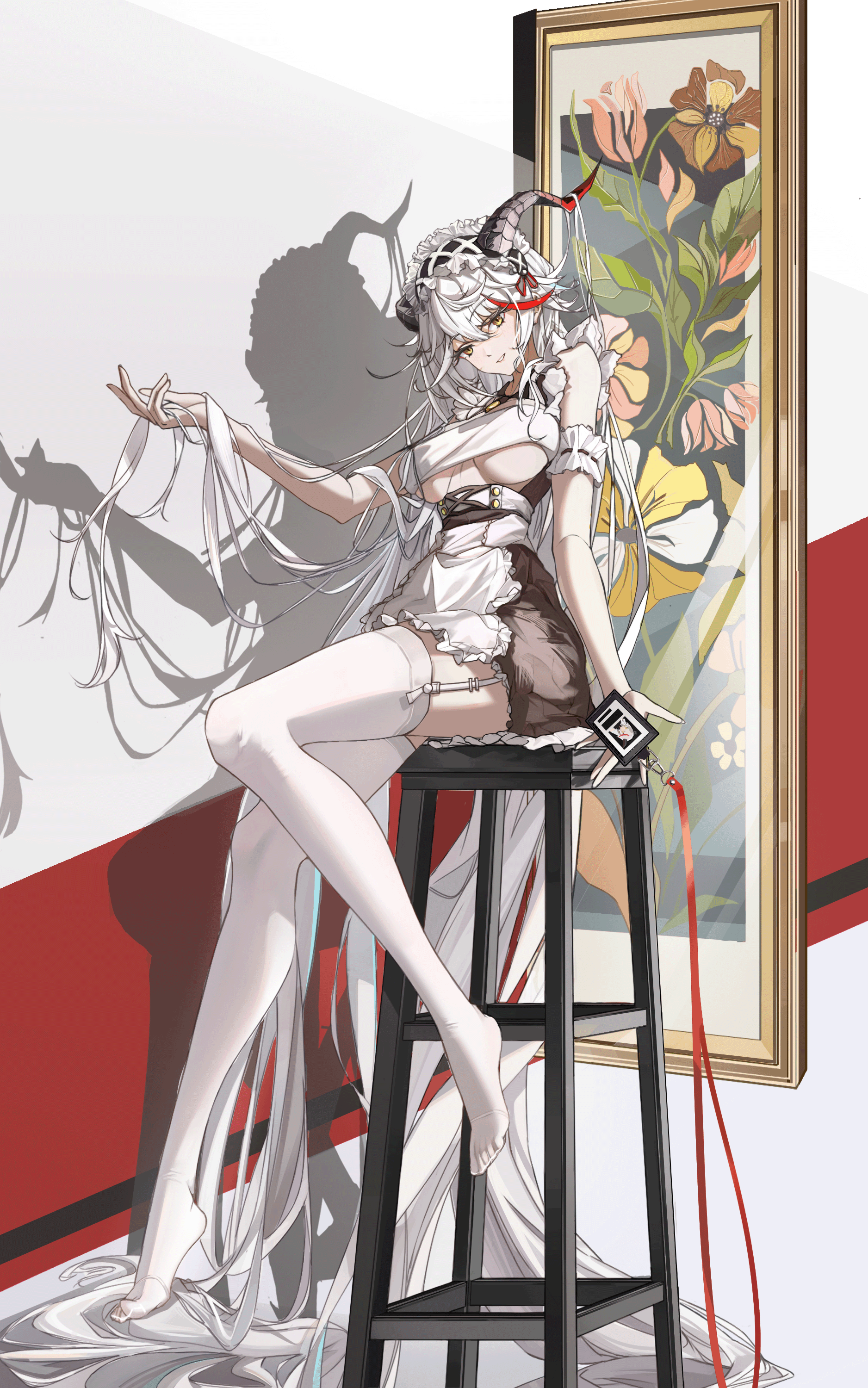 my neighbor totoro yerby, aegir (azur lane), aegir (iron blood's dragon maid) (azur lane), azur lane, absurdres, commentary request, highres, 1girl, absurdly long hair, apron, black horns, brown dress, demon horns, dress, framed breasts, frilled apron, frills, full body, garter straps, hair between eyes, hair on horn, holding lanyard, horns, lanyard, long hair, looking at viewer, maid headdress, multicolored hair, official alternate costume, picture frame, red streaks, shadow, sitting, solo, streaked hair, thighhighs, unworn lanyard, very long hair, white background, white garter straps, white hair, white thighhighs, yellow eyes