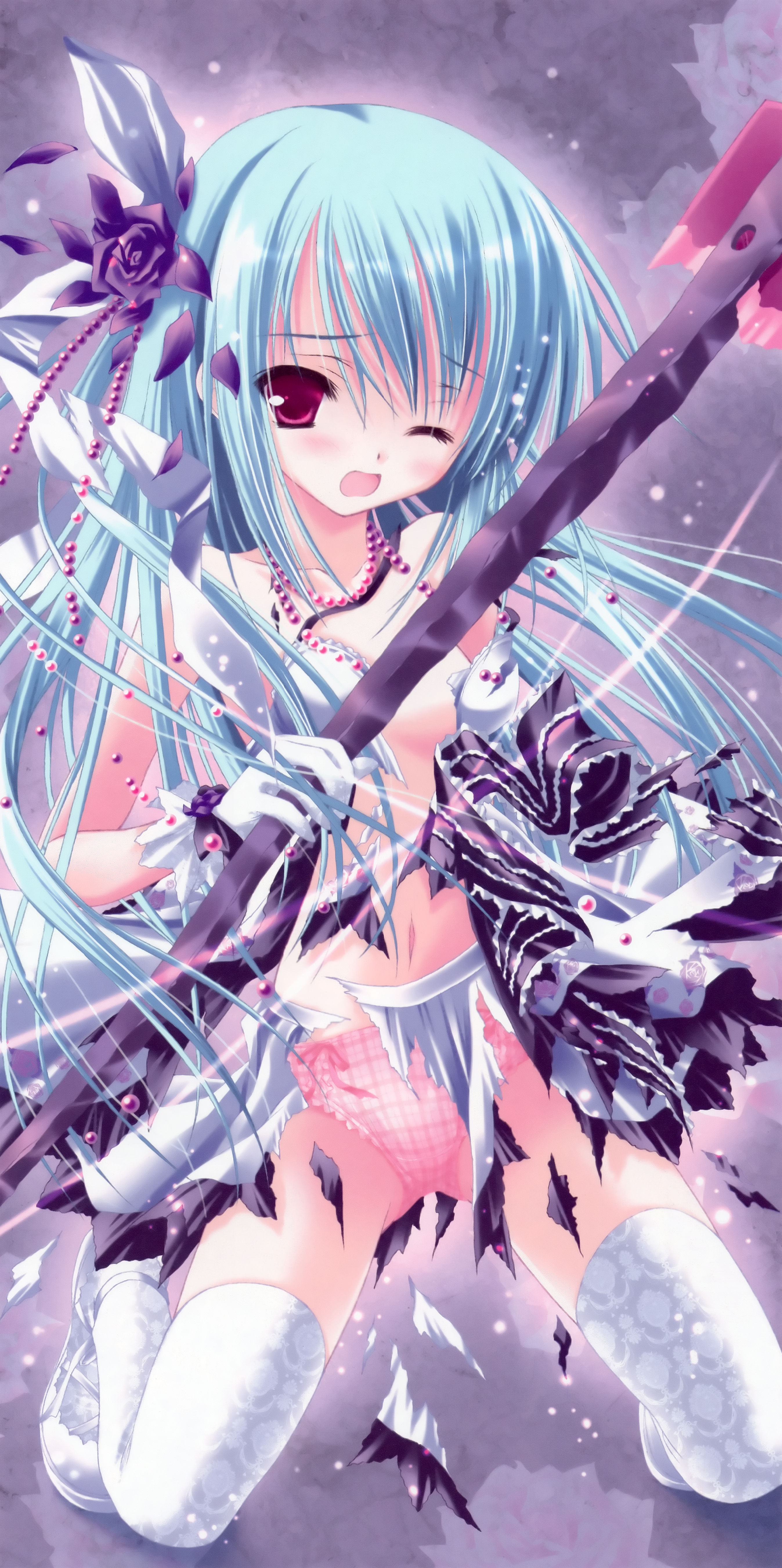 tinker bell (pixiv 10956015), dengeki moeoh, absurdres, highres, 1girl, aqua hair, bow, bow panties, bra, dress, female focus, kneeling, lingerie, one eye closed, open mouth, panties, pink panties, plaid clothes, plaid panties, ribbon, solo, thighhighs, torn bra, torn clothes, torn dress, underwear, white bra, wink