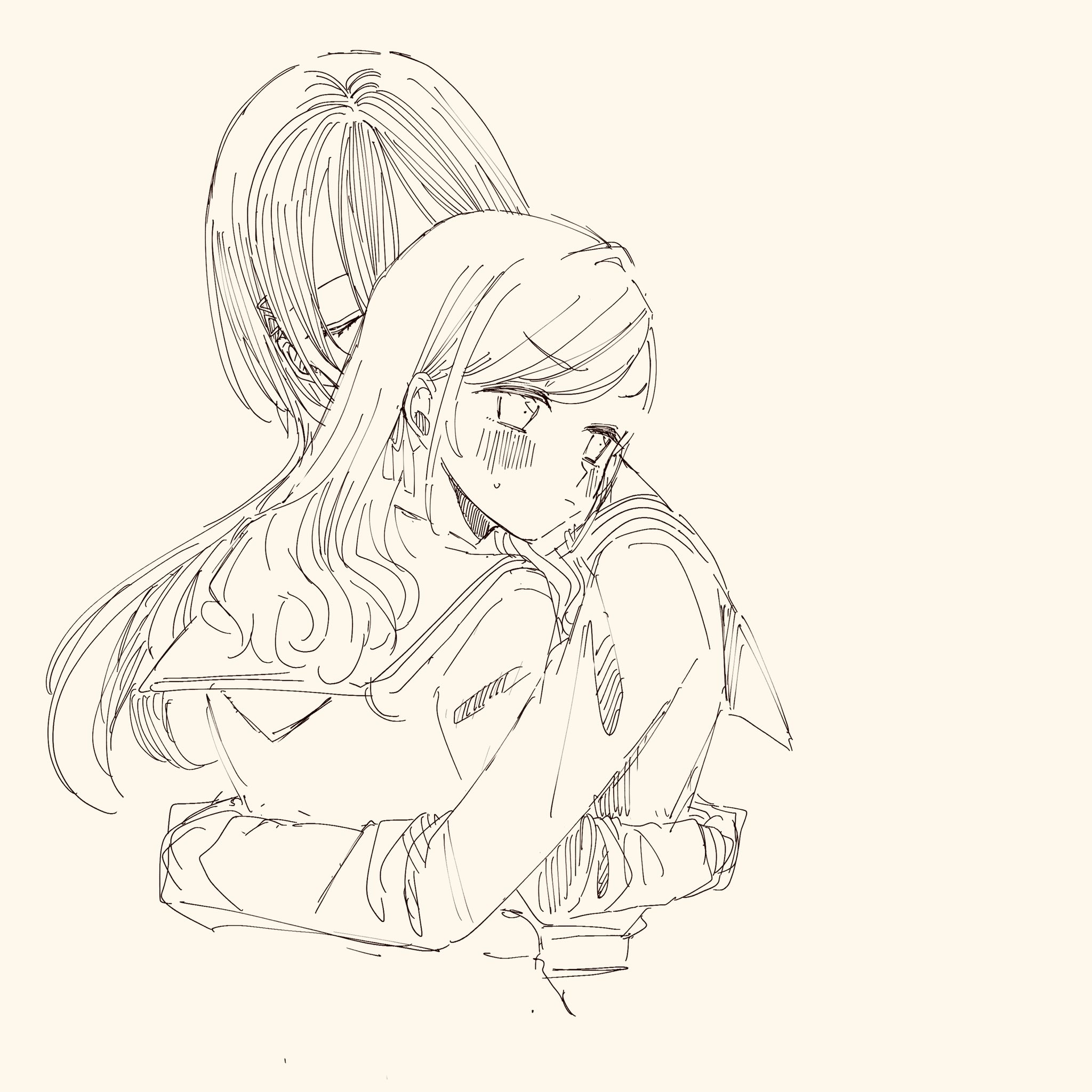 shin (shnnnnrn1), ceras yanagida lilienfeld, katsuragi izumi, link! like! love live!, love live!, highres, 2girls, blush, closed mouth, dress, edel note, greyscale, hair ribbon, hasu no sora school uniform, hug, jellyfish cut, long hair, long sleeves, monochrome, multiple girls, mutual hug, ribbon, sailor collar, sailor dress, school uniform, simple background, sweatdrop, virtual youtuber, white background, winter uniform