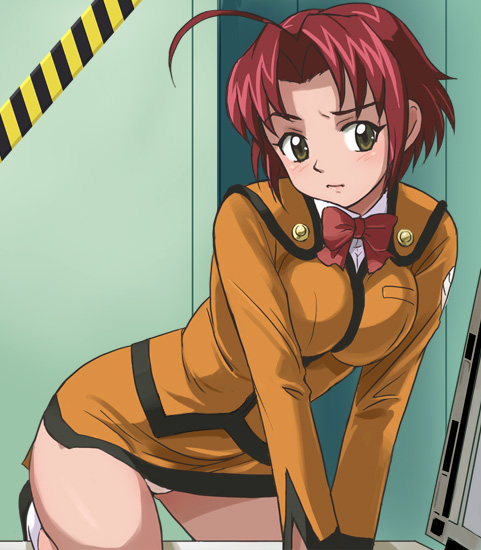 haruyama kazunori, momoi ibuki, chikyuu boei kigyou dai-guard, 1girl, ahoge, blush, bow, bowtie, breasts, breasts squeezed together, brown eyes, female focus, ibuki momoi, office lady, panties, pantyshot, pencil skirt, red hair, skirt, solo, underwear, upskirt