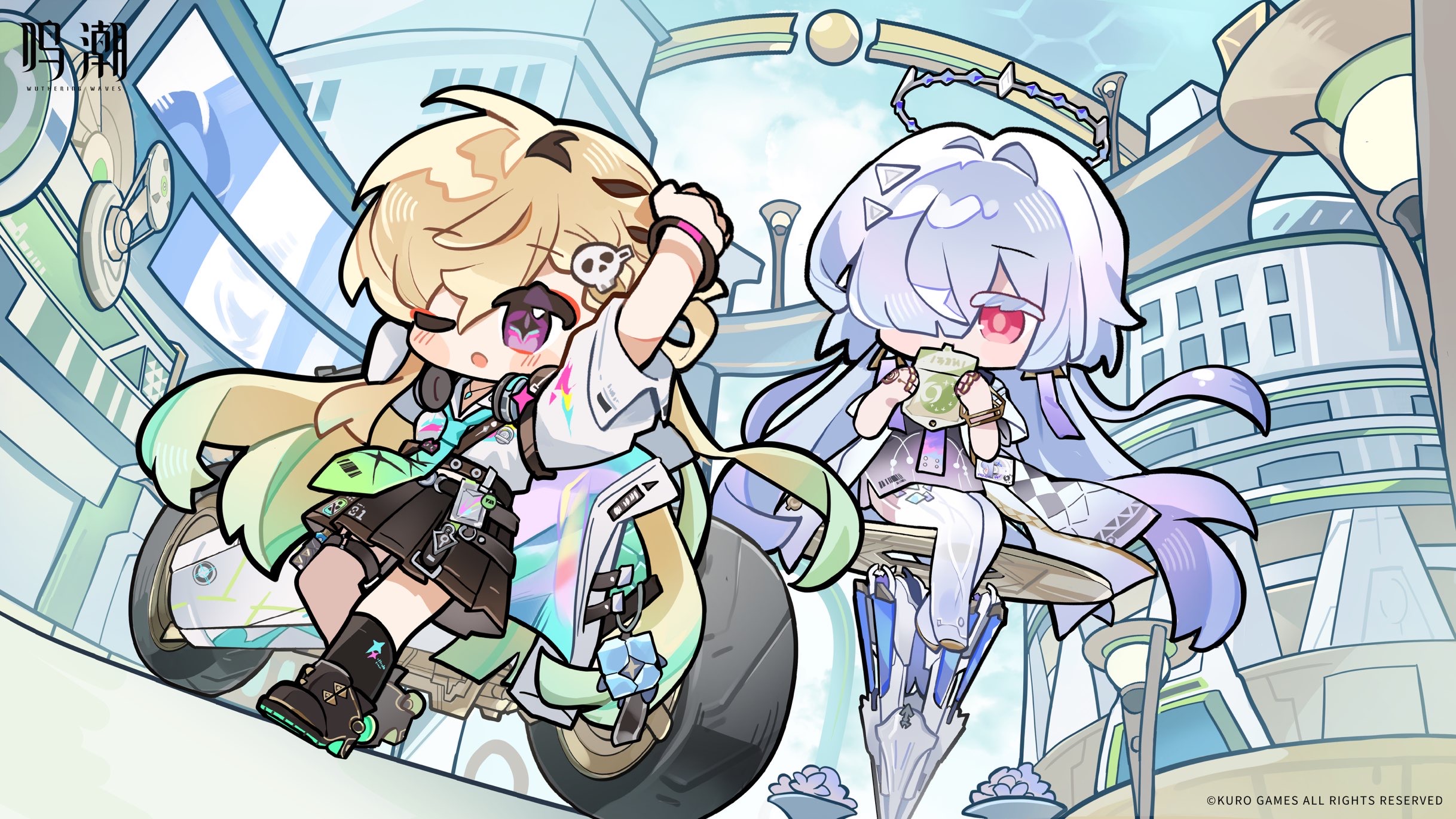 saucer (saucer752), lynae (wuthering waves), mornye (wuthering waves), wuthering waves, chinese commentary, commentary request, highres, official art, 2girls, aqua necktie, black skirt, black socks, blonde hair, charm (object), clang bang (wuthering waves), dress, grey hair, hair ornament, hair over one eye, halo, headphones, headphones around neck, holding, jacket, long hair, multicolored hair, multiple girls, necktie, one eye closed, purple dress, purple eyes, red eyes, see-through body, shirt, shirt tucked in, sitting, skirt, skull hair ornament, socks, streaked hair, stretching, very long hair, white jacket, white shirt