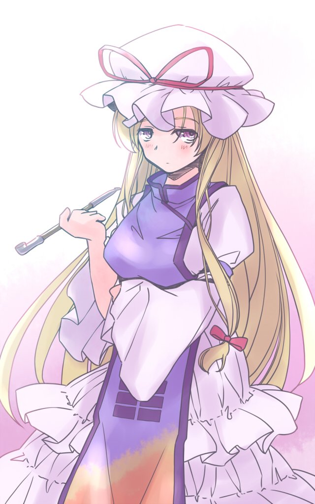 rangycrow, yakumo yukari, odaibako, touhou, commentary request, 1girl, arm under breasts, blonde hair, blush, breasts, closed mouth, dot mouth, dress, feet out of frame, frilled dress, frills, hat, hat ribbon, holding, holding smoking pipe, jitome, large breasts, long hair, looking up, mob cap, one-hour drawing challenge, pink background, purple eyes, purple tabard, red ribbon, ribbon, smoking pipe, solo, tabard, very long hair, white dress