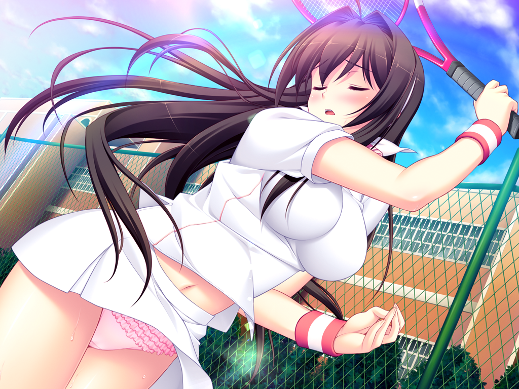 tsukumo kazuita, maishima yuri, nerawareta megami tenshi angel tear, game cg, non-web source, official art, variant set, 1girl, blush, breasts, brown hair, chain-link fence, closed eyes, cloud, day, dutch angle, fence, frilled panties, frills, hair intakes, impossible clothes, impossible shirt, large breasts, long hair, navel, open mouth, outdoors, panties, pantyshot, pink panties, racket, shirt, skirt, sky, solo, sportswear, sweat, tennis racket, tennis uniform, underwear, wind, wind lift, wristband