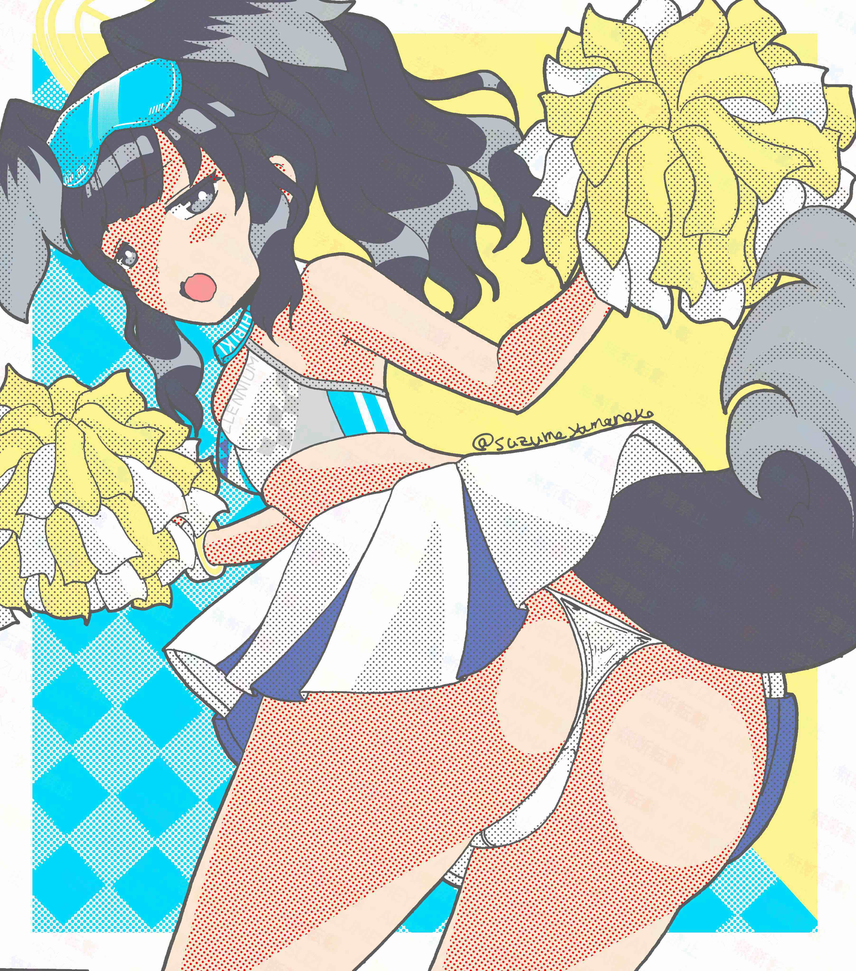 yamaneko suzume, hibiki (blue archive), hibiki (cheer squad) (blue archive), blue archive, absurdres, commentary request, highres, 1girl, animal ears, artist name, ass, back, black hair, blue eyes, cheerleader, dog ears, dog girl, dog tail, goggles, goggles on head, halo, holding, holding pom poms, long hair, looking at viewer, looking back, millennium cheerleader outfit (blue archive), official alternate costume, open mouth, panties, pom pom (cheerleading), pom poms, simple background, skirt, solo, tail, underwear, white panties, yellow halo