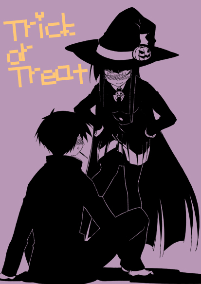 galore, female protagonist (houkago play), male protagonist (houkago play), houkago play, 1boy, 1girl, blush, food-themed hair ornament, hair ornament, halloween, hat, legs, long hair, pumpkin hair ornament, purple background, trick or treat, very long hair, witch hat