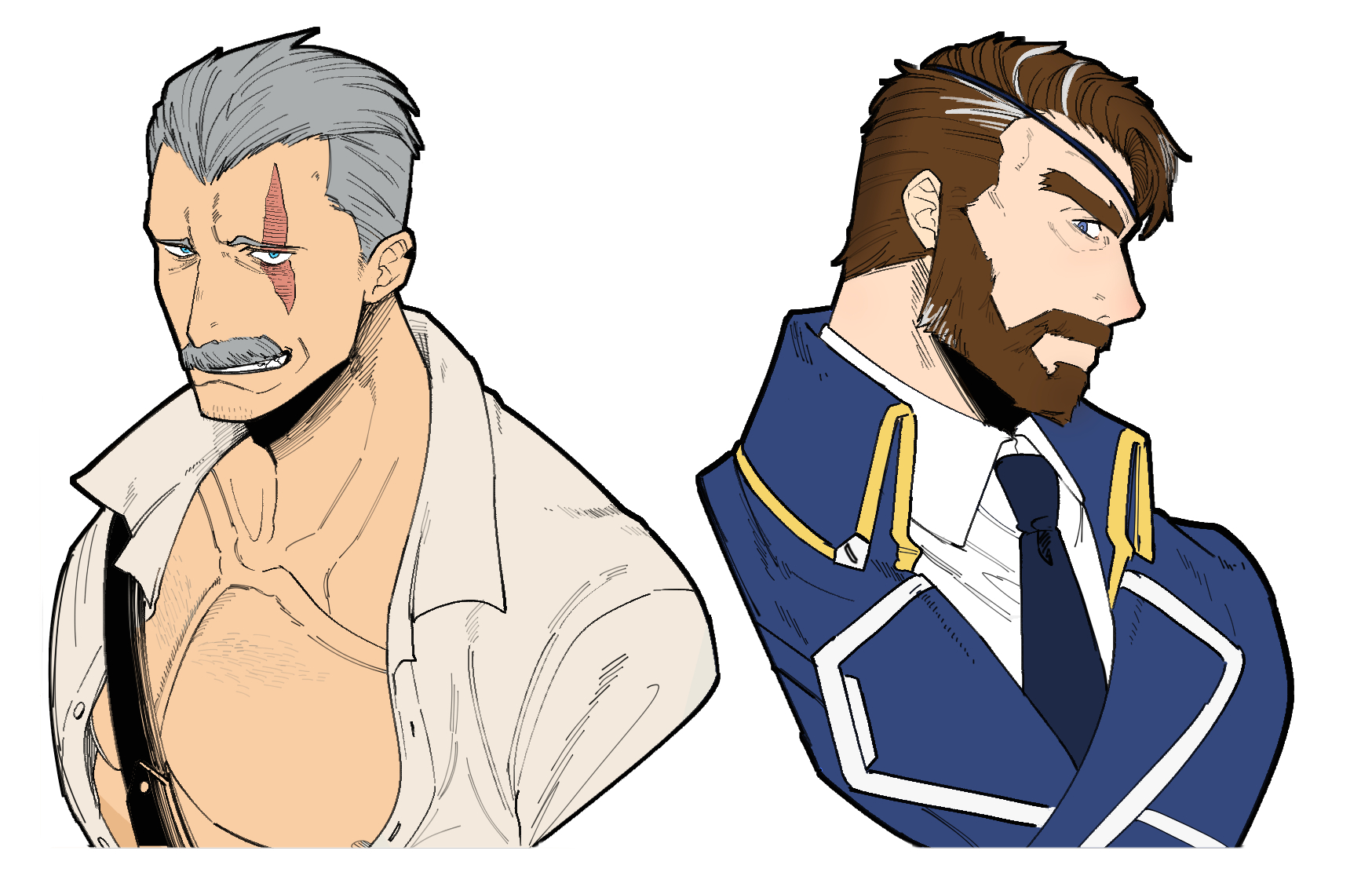 itaru (kidomh63), bart (another eidos), another eidos-r, commentary request, highres, 2boys, bara, beard, blue eyes, blue jacket, blue necktie, closed mouth, collarbone, connected beard, eyepatch, facial hair, grey hair, harold (another eidos), jacket, male focus, mature male, multiple boys, mustache, necktie, pectorals, scar, scar across eye, scar on face, shirt, short hair, sideburns, white shirt