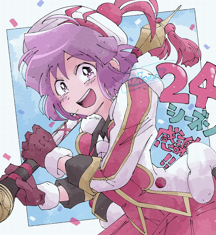 mameta (mmtp k10), bugsy (holiday 2024) (pokemon), bugsy (pokemon), nintendo, pokemon, pokemon masters ex, commentary request, 1boy, 2024, confetti, fur-trimmed gloves, fur trim, gloves, hat, looking at viewer, male focus, official alternate costume, open mouth, purple hair, solo, white hat