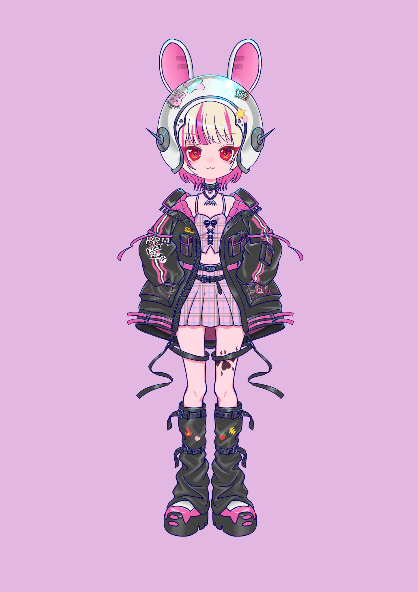 makaino ririmu, makaino ririmu (6th costume), nijisanji, hashtag-only commentary, highres, 1girl, 4 4dayo, :3, animal ears, animal helmet, arm belt, bat necklace, belt, belt buckle, black belt, black collar, black jacket, black leg warmers, black straps, blunt bangs, blush, buckle, caution, chain, chain necklace, clothes writing, collar, collarbone, colored inner hair, crop top, cross-laced clothes, cross-laced top, fake animal ears, flame print, food print, fruit print, full body, grey hair, hands in pockets, heart, heart print, heart sticker, helmet, jacket, jewelry, leg belt, leg tattoo, leg warmers, lightning bolt print, looking at viewer, loose belt, midriff, miniskirt, multicolored hair, multiple belts, navel, necklace, o-ring, o-ring collar, o-ring thigh strap, open clothes, open jacket, pendant, pink belt, pink hair, pink jacket, pink shoes, pink skirt, pink streaks, plaid clothes, plaid skirt, pleated skirt, pocket, pointy ears, purple background, rabbit ears, red eyes, shoes, short hair, simple background, skirt, sleeves past fingers, sleeves past wrists, solo, space helmet, spiked collar, spikes, standing, star (symbol), star sticker, sticker, straight-on, strawberry print, streaked hair, studded belt, tattoo, thigh strap, two-sided fabric, two-sided jacket, two-tone hair, unzipped, virtual youtuber, white helmet, winged heart, winged heart tattoo, wolf cut