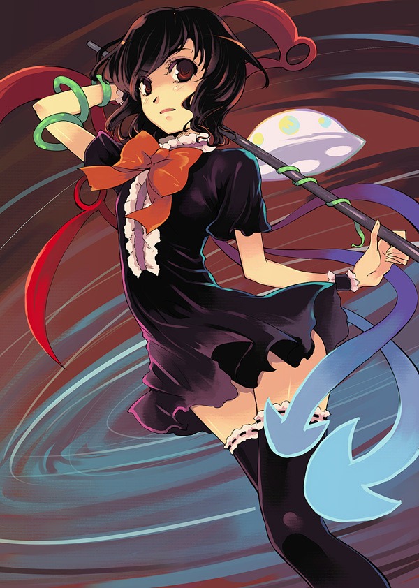 yuu (kfc), houjuu nue, touhou, duplicate, 1girl, black hair, black thighhighs, dress, female focus, red eyes, short hair, snake, solo, thighhighs, ufo, wings