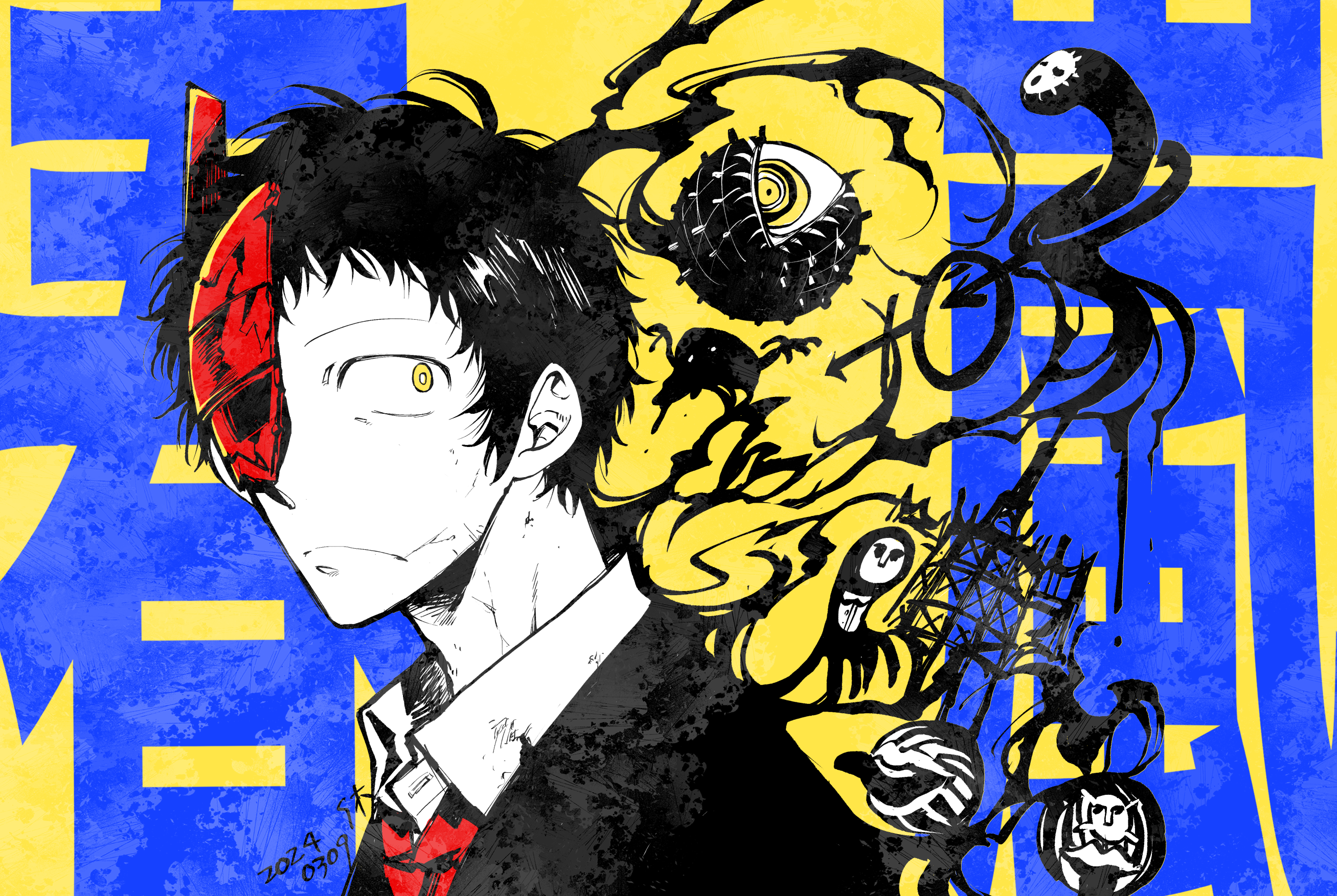 magaininninnin, adachi tooru, ameno sagiri (persona), magatsu izanagi, shadow (persona), persona, persona 4, commentary request, highres, translation request, 1boy, closed mouth, jacket, male focus, mask, messy hair, necktie, red necktie, short hair, solo, tower, upper body, yellow background, yellow eyes