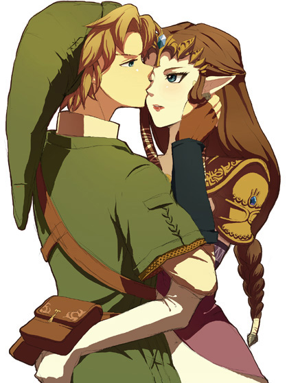 o-yuki, link, princess zelda, nintendo, the legend of zelda, the legend of zelda: twilight princess, 1boy, 1girl, adjusting hair, ass, blonde hair, blue eyes, braid, brown hair, couple, dress, elbow gloves, elf, face-to-face, femdom, gauntlets, glaring, gloves, grabbing another's ass, groping, hat, hetero, hug, kiss, long hair, pointy ears, princess, simple background, tiara, tunic