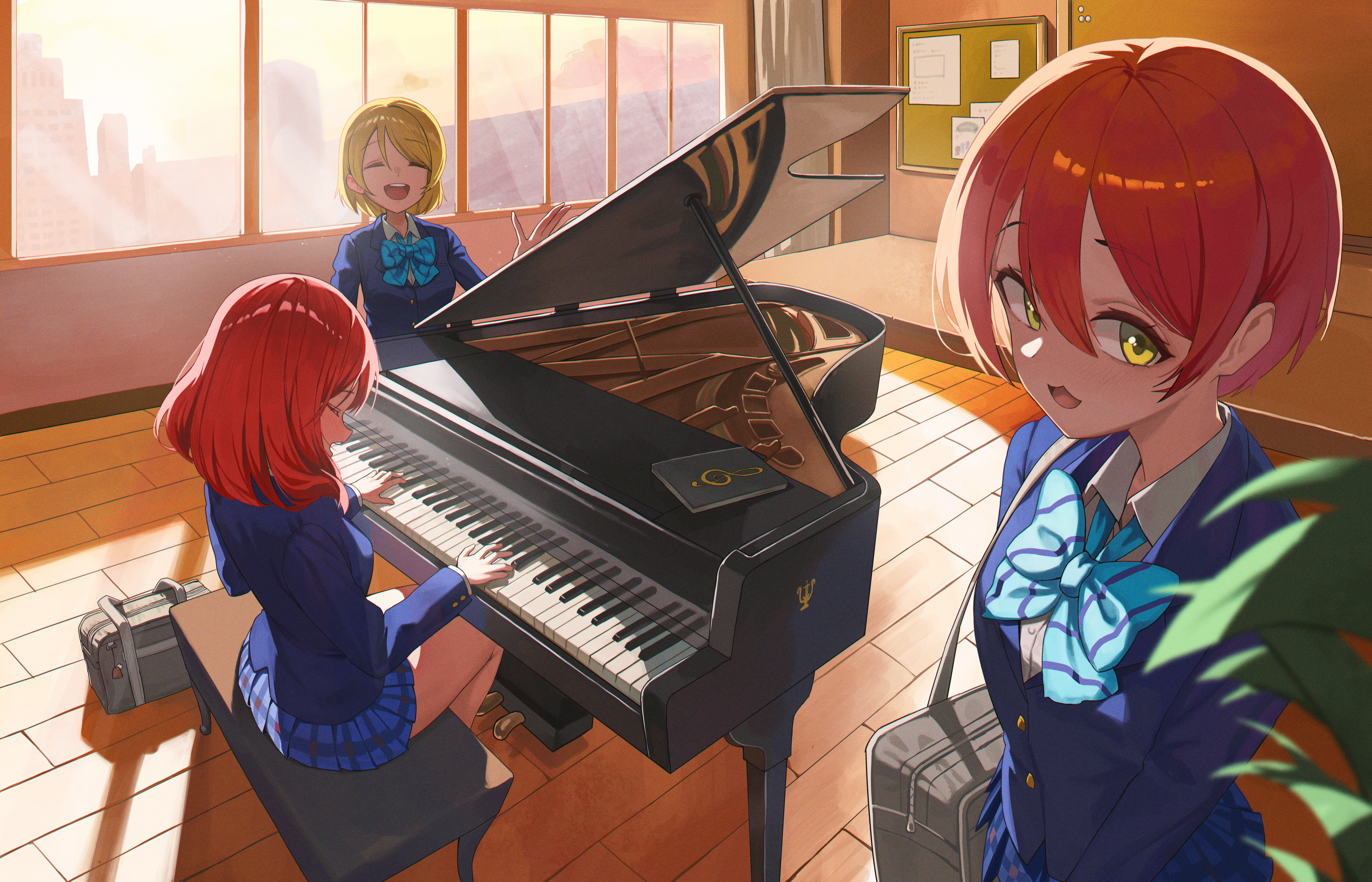 che (komulkomul48), hoshizora rin, koizumi hanayo, nishikino maki, love live!, love live! school idol project, absurdres, commentary request, highres, 3girls, :3, blue sky, bow, bowtie, brown hair, grand piano, instrument, multiple girls, music, orange hair, otonokizaka school uniform, piano, plaid clothes, plaid skirt, playing instrument, playing piano, pleated skirt, red hair, school uniform, short hair, skirt, sky, striped bow, striped bowtie, striped clothes