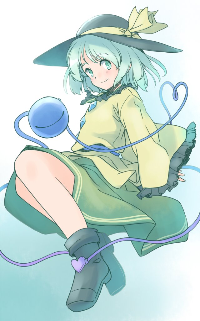 rangycrow, komeiji koishi, touhou, commentary request, 1girl, black hat, black shoes, buttons, diamond button, frilled shirt, frills, full body, green background, green eyes, green hair, green skirt, hat, hat ribbon, knees, light blush, one-hour drawing challenge, ribbon, shirt, shoes, sideways glance, skirt, smile, solo, split mouth, third eye, yellow ribbon, yellow shirt