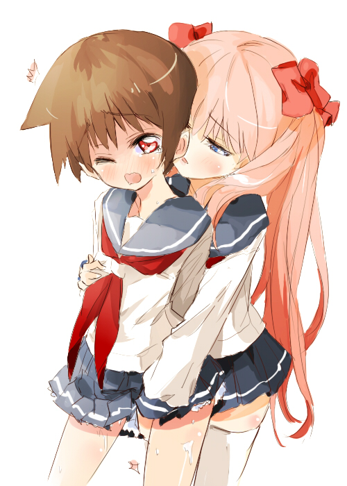 maromi (am97), haramura nodoka, miyanaga saki, saki (manga), 00s, 2girls, blue eyes, blush, bow, brown hair, hair bow, long hair, multiple girls, neckerchief, open mouth, pink hair, pussy juice, red eyes, red neckerchief, school uniform, serafuku, short hair, skirt, sweat, thighhighs, twintails, yuri, zettai ryouiki