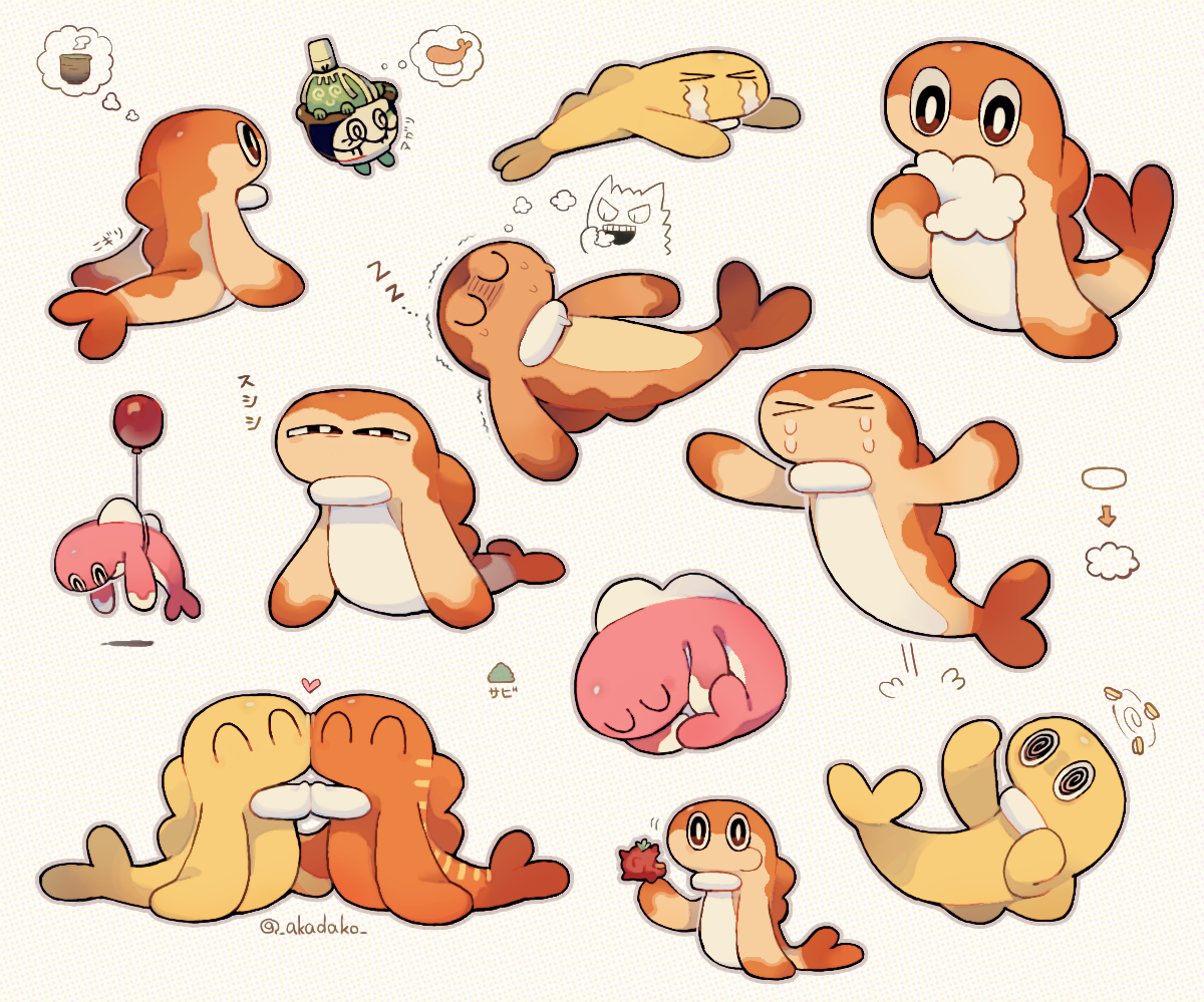 akadako, gengar, sinistcha, tatsugiri, tatsugiri (curly), tatsugiri (droopy), tatsugiri (stretchy), nintendo, pokemon, commentary request, translation request, > <, @ @, air balloon (pokemon), alternate color, animal focus, balloon, berry (pokemon), black eyes, bright pupils, closed eyes, crying, fish, food, gen 1 pokemon, half-closed eyes, heart, holding, holding food, no humans, pokemon (creature), shiny and normal, shiny pokemon, sleeping, speech bubble, streaming tears, sushi, tamato berry, tears, thought bubble, twitter username, white pupils, zzz