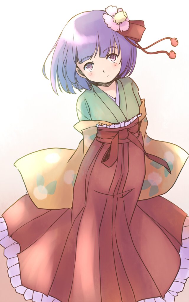 rangycrow, hieda no akyuu, touhou, commentary request, 1girl, feet out of frame, flower, frilled hakama, green kimono, hair flower, hair ornament, hakama, japanese clothes, kimono, light blush, light smile, looking up, one-hour drawing challenge, orange background, purple eyes, purple hair, red hakama, short hair, solo, split mouth, tassel, tassel hair ornament, yellow kimono