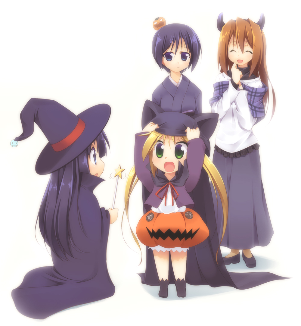 hoppege, saginomiya hatsuho, saginomiya isumi, sanzen'in nagi, sanzen'in yukariko, hayate no gotoku!, 00s, 4girls, aged down, animal ears, animal hat, black hair, blonde hair, blue eyes, blunt bangs, brown hair, cape, cat ears, cat hat, closed eyes, food-themed hair ornament, green eyes, hair ornament, halloween, hat, hime cut, horns, jack-o'-lantern, japanese clothes, kimono, long hair, multiple girls, pumpkin, pumpkin-shaped pants, pumpkin hair ornament, short hair, skirt, smile, twintails, very long hair, wand, white background, witch hat