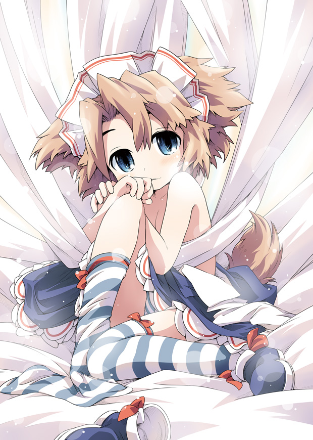 ham (points), original, 1girl, animal ears, blue eyes, brown hair, clothes pull, dog tail, dress, dress pull, female focus, flat chest, maid, maid headdress, panties, shoes, short hair, single shoe, sock pull, solo, striped clothes, striped panties, striped thighhighs, tail, thighhighs, underwear, undressing
