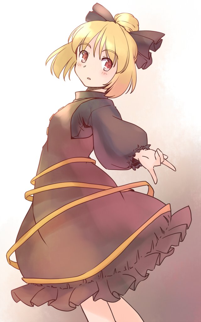 rangycrow, kurodani yamame, touhou, commentary request, 1girl, m/, black bow, black shirt, blonde hair, bow, brown dress, buttons, dress, feet out of frame, frilled dress, frills, hair bow, hair bun, light blush, long sleeves, one-hour drawing challenge, orange background, parted lips, red eyes, shirt, short hair, sideways glance, solo