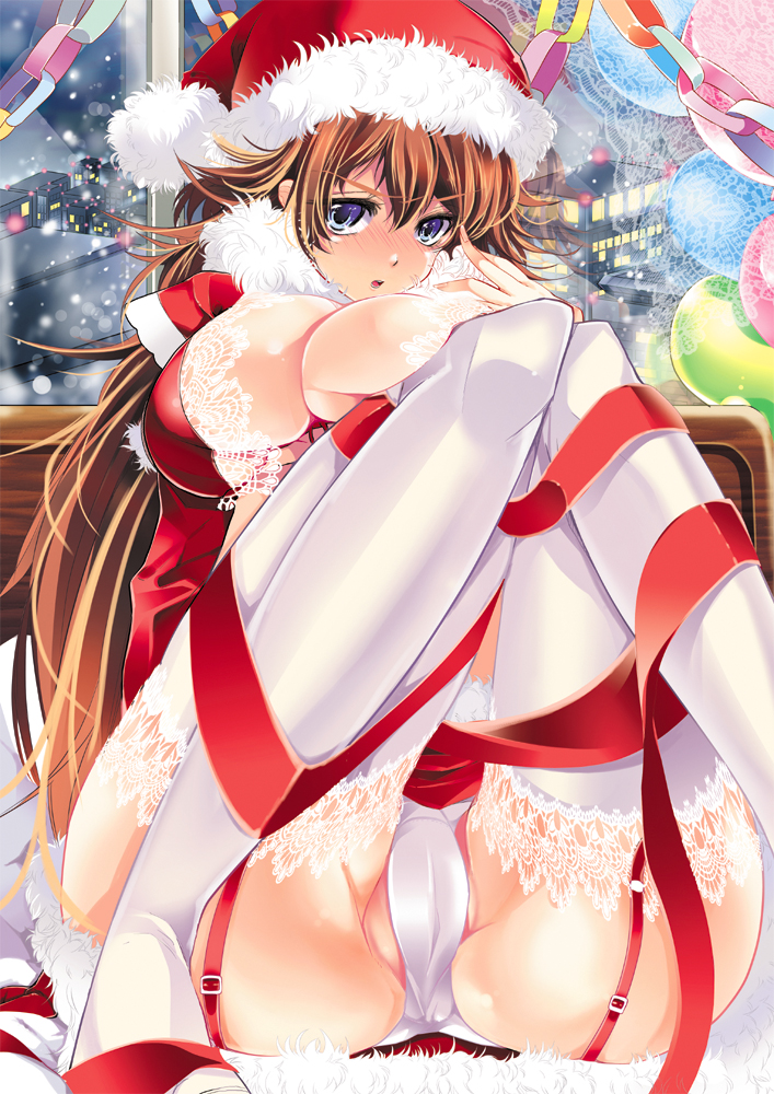 yu (bkks), original, bad id, bad pixiv id, 1girl, blue eyes, breasts, brown hair, cameltoe, christmas, cleavage, female focus, garter straps, hat, large breasts, long hair, panties, pantyshot, ribbon, santa costume, santa hat, sitting, snow, solo, thighhighs, underwear