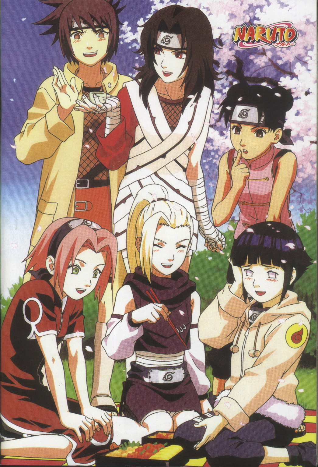 haruno sakura, hyuuga hinata, mitarashi anko, tenten (naruto), yamanaka ino, yuuhi kurenai, naruto (classic), naruto (series), highres, official art, 6+girls, black hair, blonde hair, blush, brown hair, double bun, female focus, fishnets, forehead protector, green eyes, hair bun, multiple girls, pink hair, red eyes, short hair, smile, white eyes