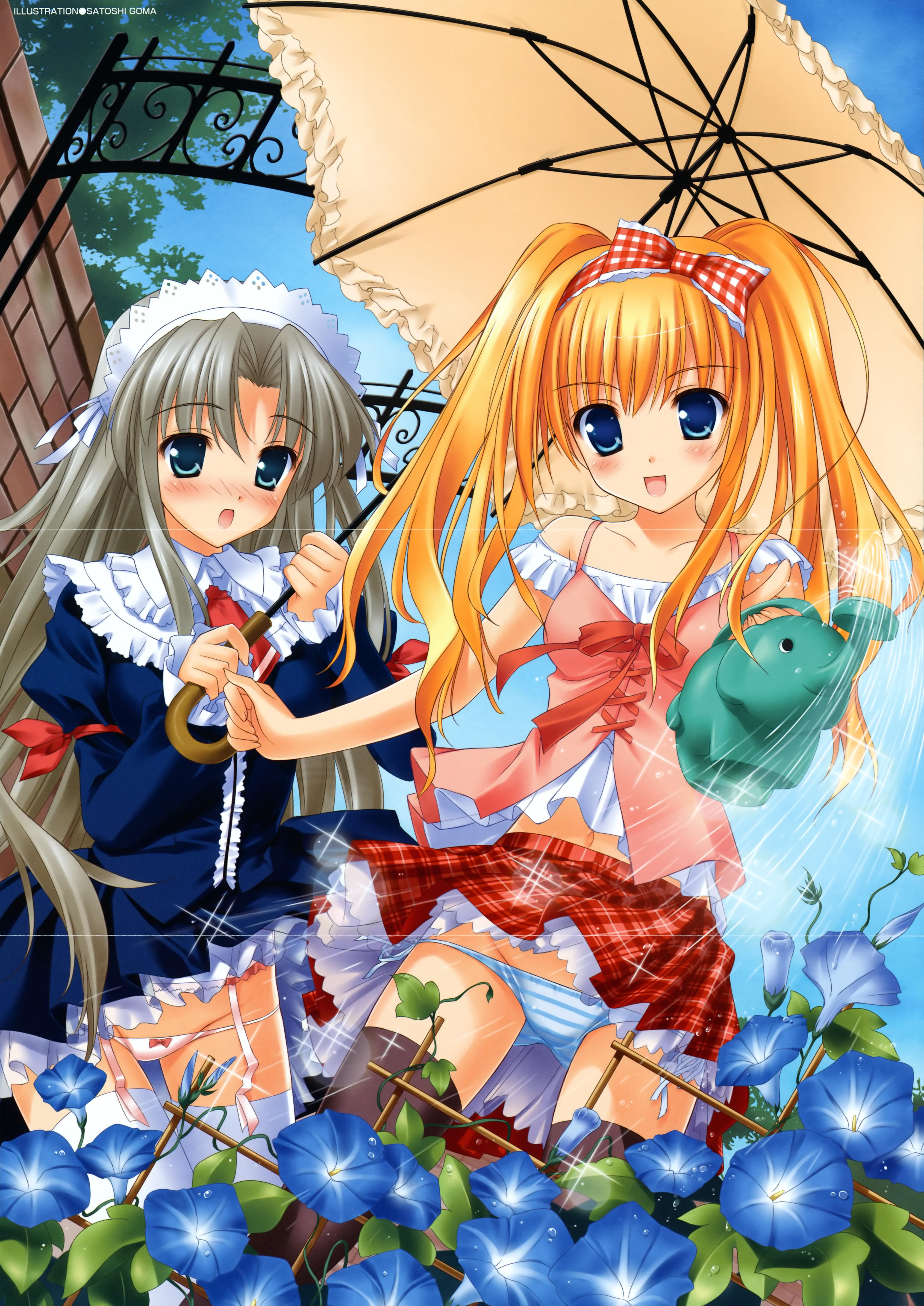 goma satoshi, dengeki moeoh, absurdres, highres, 2girls, blonde hair, bow, bow panties, day, flower, frills, garter belt, headdress, morning glory, multiple girls, navel, necktie, panties, panty pull, pantyshot, pink panties, ribbon, sky, striped clothes, striped panties, thighhighs, twintails, umbrella, underwear, water, watering can, white thighhighs