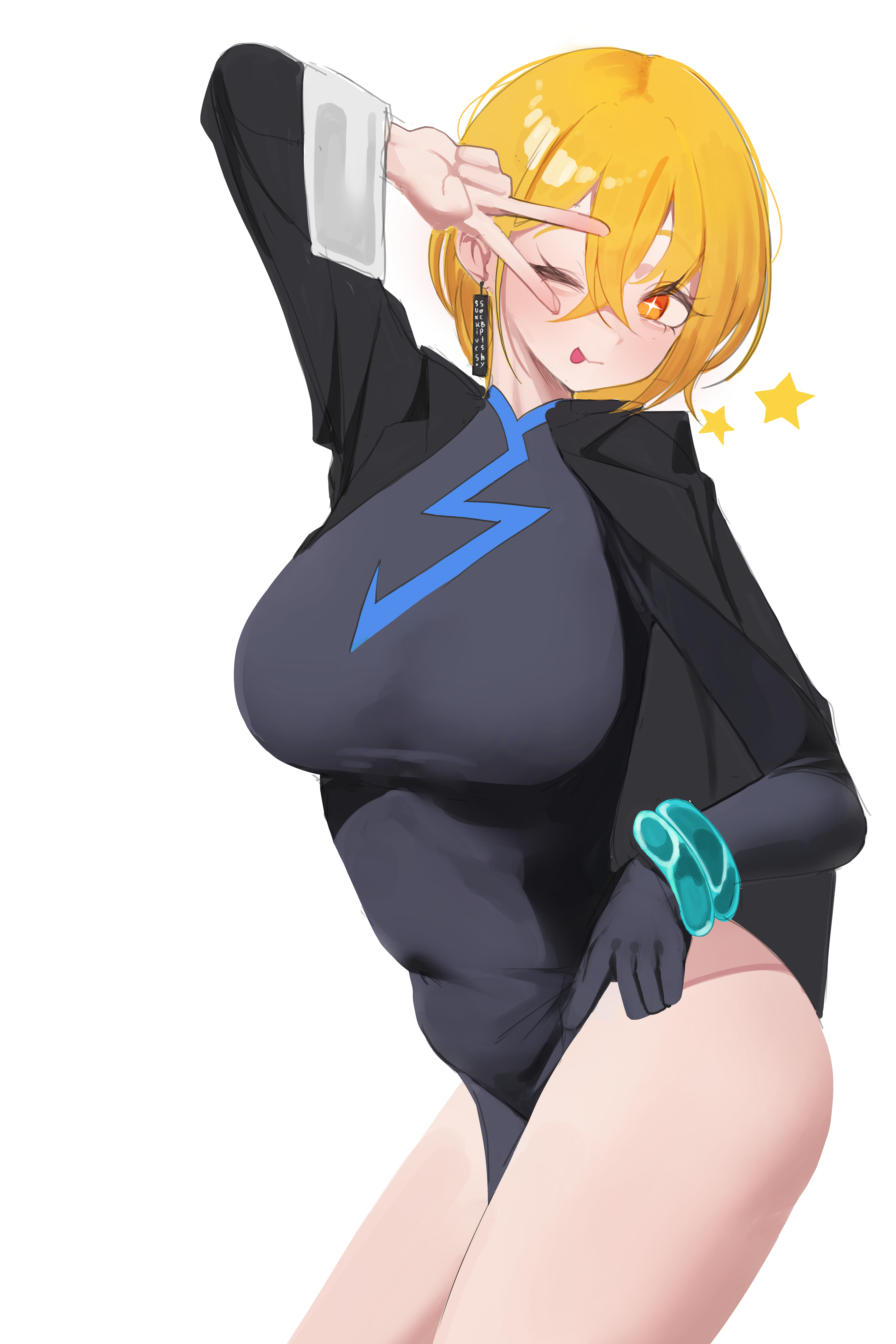 rockettuna, don quixote (project moon), limbus company, project moon, absurdres, commentary request, highres, korean commentary, variant set, 1girl, arm up, black bodysuit, black gloves, black hair, black shirt, bodysuit, breasts, covered navel, crossed bangs, ear ornament, earrings, gloves, hair between eyes, highleg, huge breasts, jewelry, long sleeves, one eye closed, plump, shirt, shirt on shoulders, short hair, simple background, single glove, solo, star-shaped pupils, star (symbol), symbol-shaped pupils, v, v over eye, vest, white background, yellow eyes