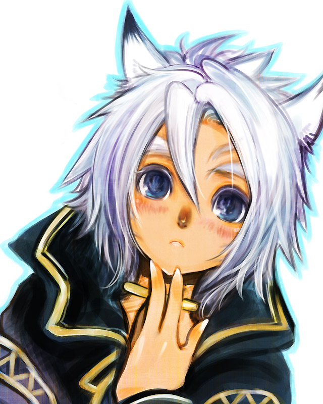 doraeshi, mithra (ff11), final fantasy, final fantasy xi, bad id, bad pixiv id, 00s, animal ears, blush, cat ears, hand on own chin, portrait, purple eyes, solo, stroking own chin, white hair