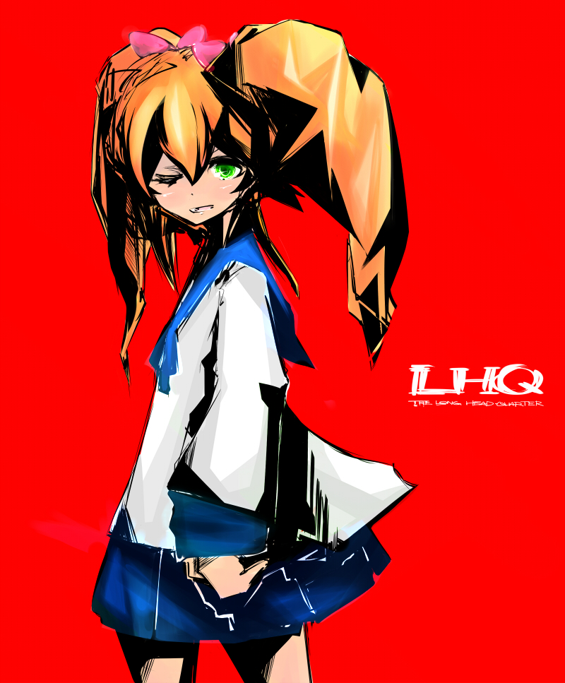 agi kyuurou, hirano shizuka, lhq, bad id, bad pixiv id, bow, green eyes, hair bow, one eye closed, orange hair, school uniform, serafuku, skirt, twintails, wink