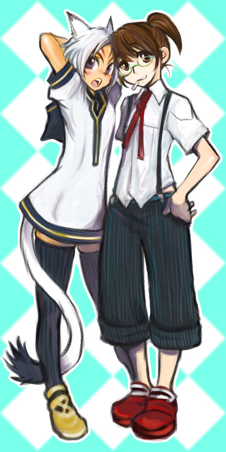 doraeshi, mithra (ff11), final fantasy, final fantasy xi, bad id, bad pixiv id, 00s, animal ears, brown hair, cat ears, cat tail, cigarette, dress, glasses, hume, ponytail, purple eyes, sundress, suspenders, tail, thighhighs, white hair